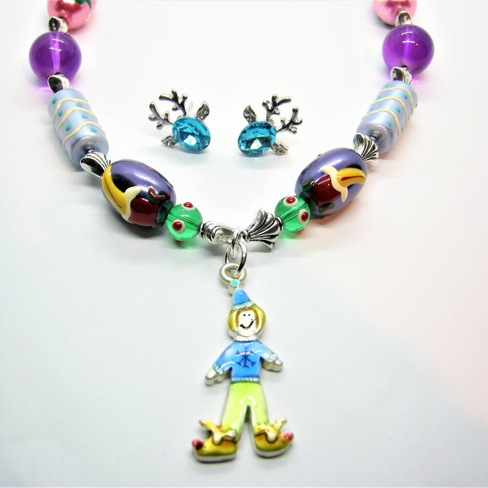 Adorable Elf Pendant Necklace & Crystal Deer Stud Earring Set, Made with Lampwor